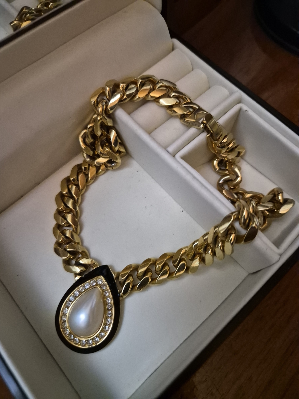 Vintage Gold-Tone Chain Necklace with Pearl Teardrop and Crystal Halo